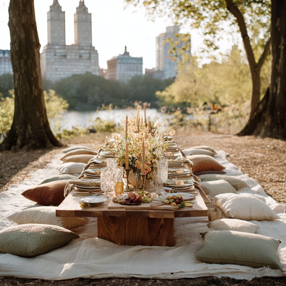 An elegant picnic setup in Central Park with cushions, a low wooden table, floral arrangements, and the skyline in the background