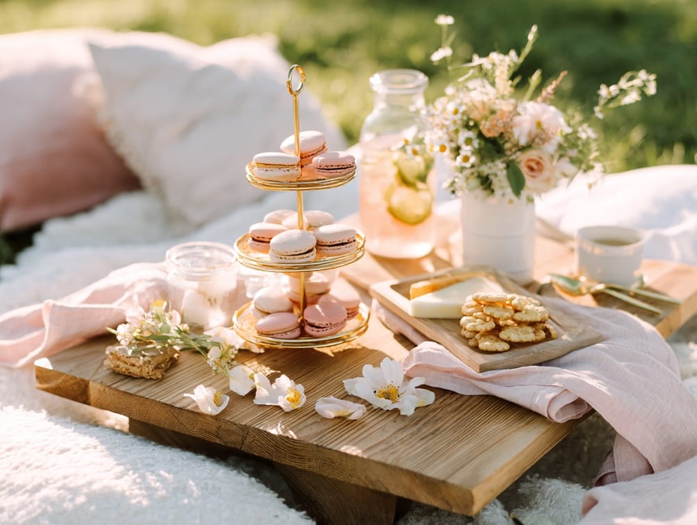 A tiered stand displaying macarons on a styled picnic spread with flowers and lemonade