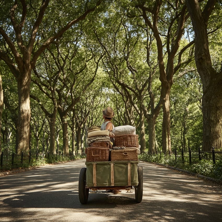 A person pulling a wagon loaded with picnic supplies down a tree-lined path in Central Park