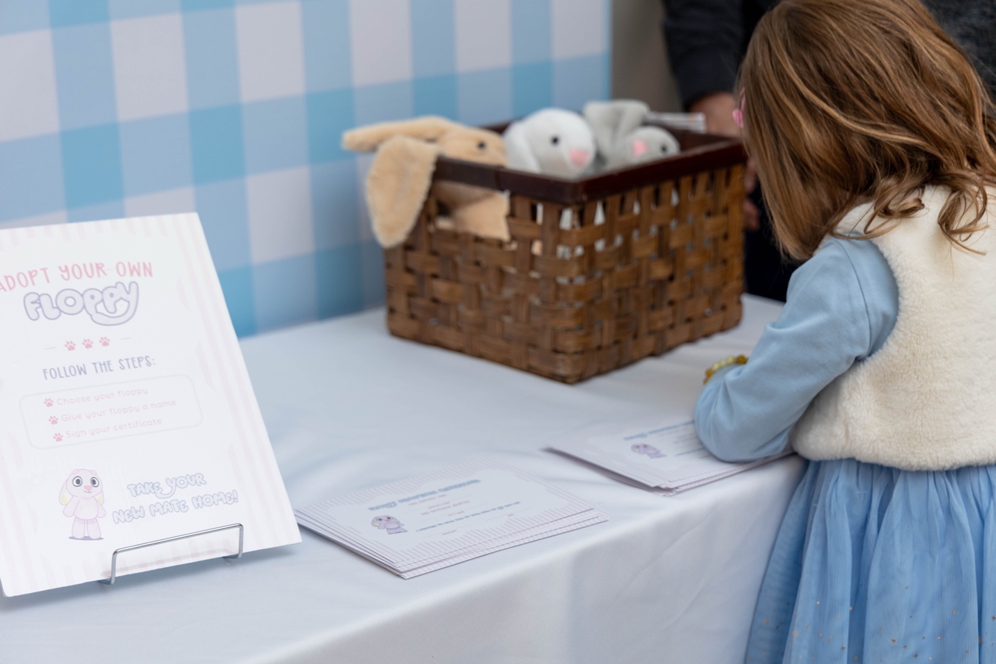A close-up of the Adopt-a-Floppy station — bunnies arranged on the shelves with adoption certificates