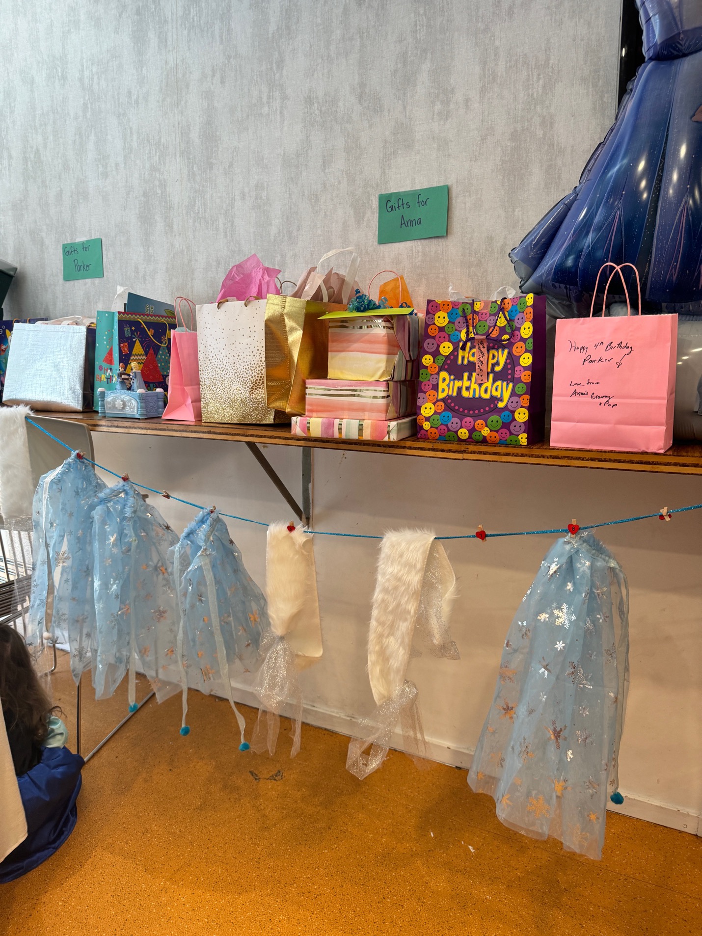 Gift table with Elsa and Anna capes hanging above colorful gift bags