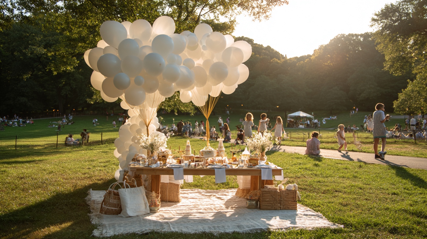 A beautifully styled outdoor party table with white balloons in a NYC park