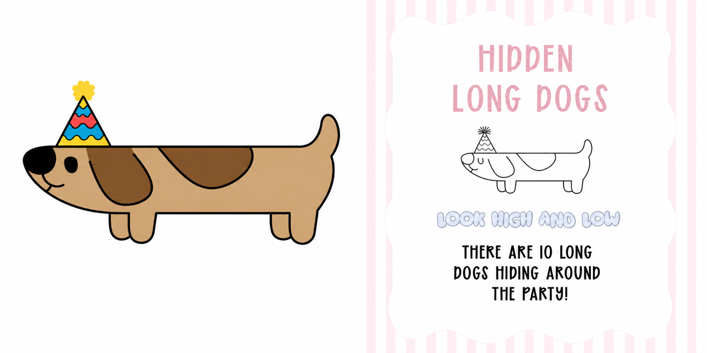 Preview of the Longdog scavenger hunt sign and the 10 unique Longdog cutouts to hide around a Bluey party