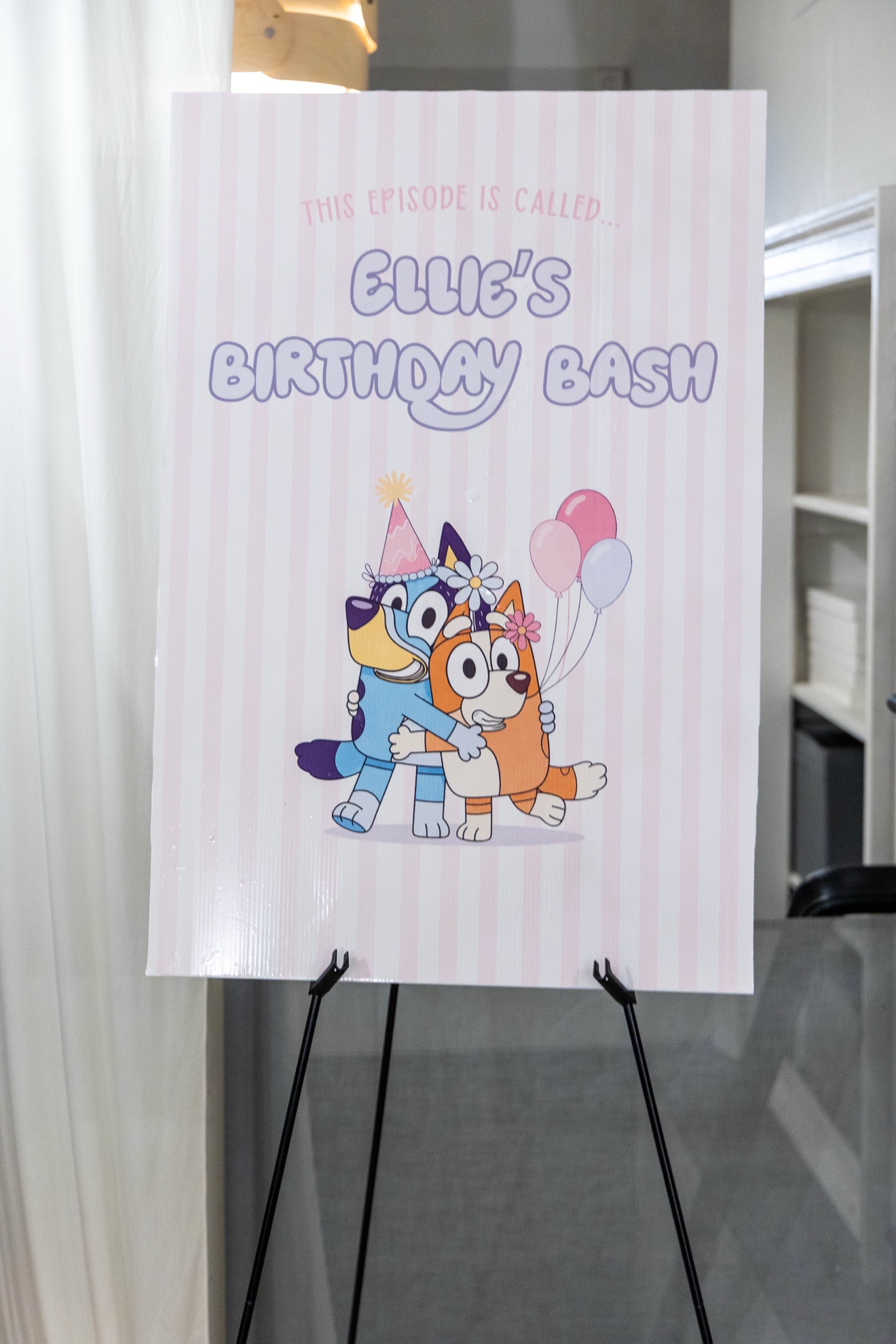 Preview of the 24×36 Bluey-themed welcome sign styled like an episode title card